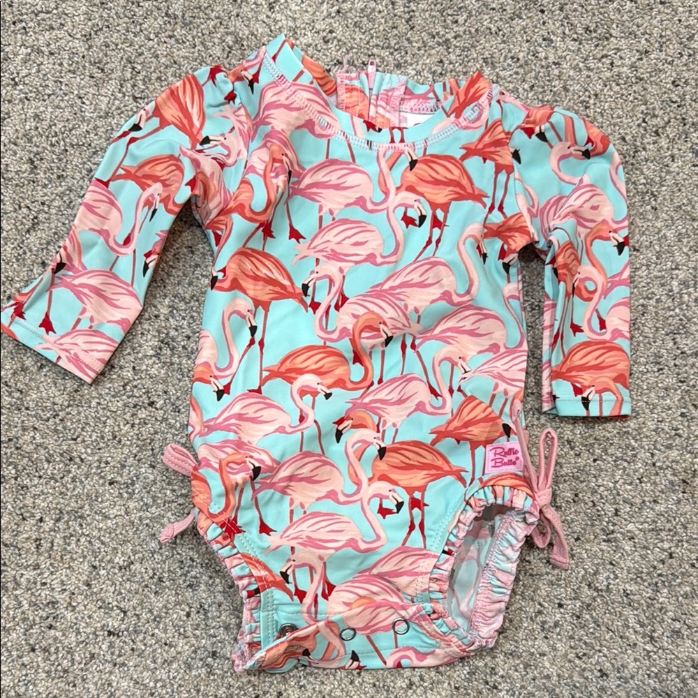 RuffleButts Kids One-Piece Swimsuit in Aqua, Pink & Coral Flamingo Print